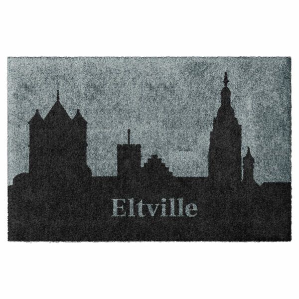 Waschbare Fußmatte von Glücksmatte.com mit der Skyline von Eltville am Rhein als Silhouette. Umweltfreundlich in Deutschland hergestellt.