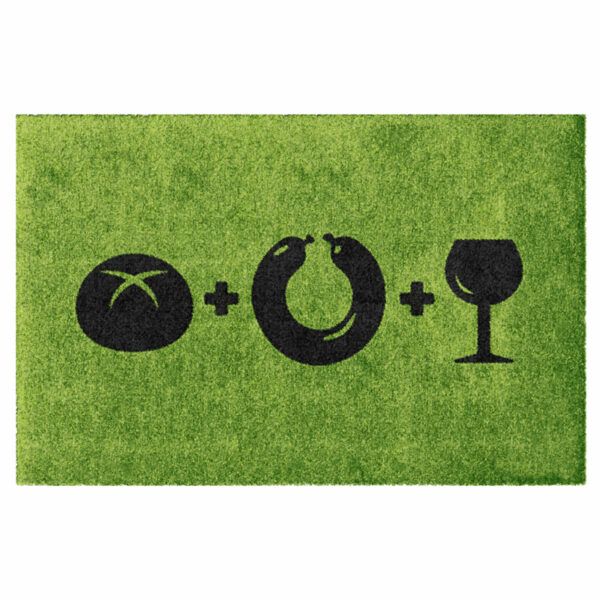 Waschbare Fußmatte von Glücksmatte.com mit Icons für Weck, Worscht und Woi auf Grün. Ohne Gummirand. Umweltfreundlich in Deutschland hergestellt.