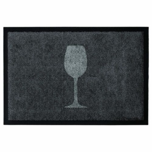 Waschbare Fußmatte von Glücksmatte.com mit einem grauen Weinglas. Mit 2cm Gummirand. Farbe Anthrazit und Hellgrau. Mit 2cm Gummirand. Umweltfreundlich in Deutschland hergestellt.