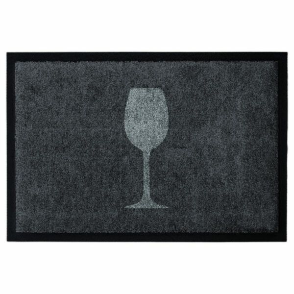 Waschbare Fußmatte von Glücksmatte.com mit einem grauen Weinglas. Mit 2cm Gummirand. Farbe Anthrazit und Hellgrau. Mit 2cm Gummirand. Umweltfreundlich in Deutschland hergestellt.