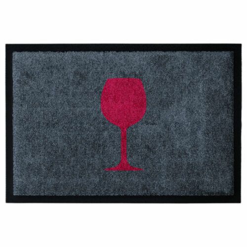Waschbare Fußmatte von Glücksmatte.com mit einem roten Weinglas. Mit 2cm Gummirand. Farbe Anthrazit und Hellgrau. Mit 2cm Gummirand. Umweltfreundlich in Deutschland hergestellt.
