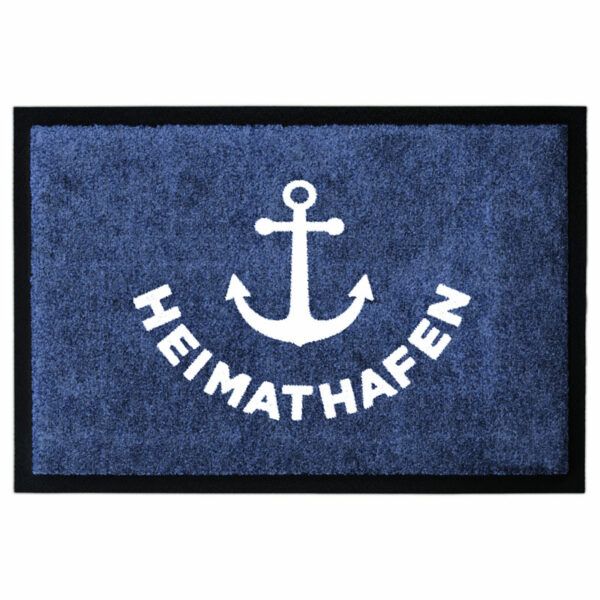 Waschbare Fußmatte "Heimathafen" in Blau mit weißem Text und Anker Türmatte mit 2cm Gummirand. Umweltfreundlich in Deutschland hergestellt.