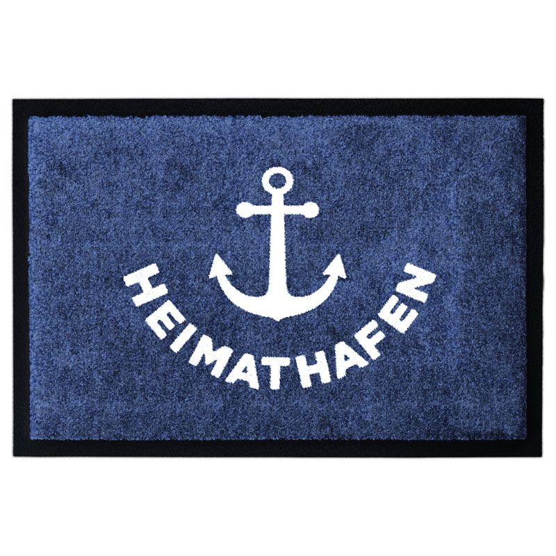 Waschbare Fußmatte "Heimathafen" in Blau mit weißem Text und Anker Türmatte mit 2cm Gummirand. Umweltfreundlich in Deutschland hergestellt.