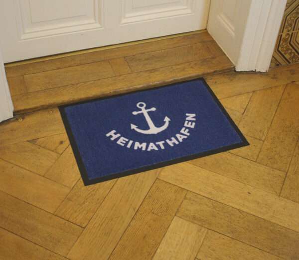 fußmatte in Blau mit Aufdruck Heimathafen und Anker