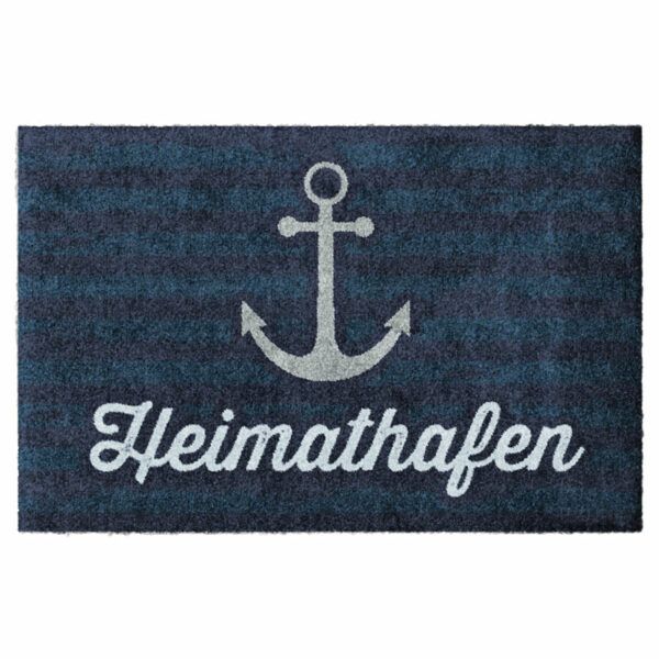 Symbolbild der Fußmatte "Heimathafen" mit maritimen blauen Streifen von Glücksmatte.com. Türmatte mit 2cm Gummirand. Umweltfreundlich in Deutschland hergestellt.