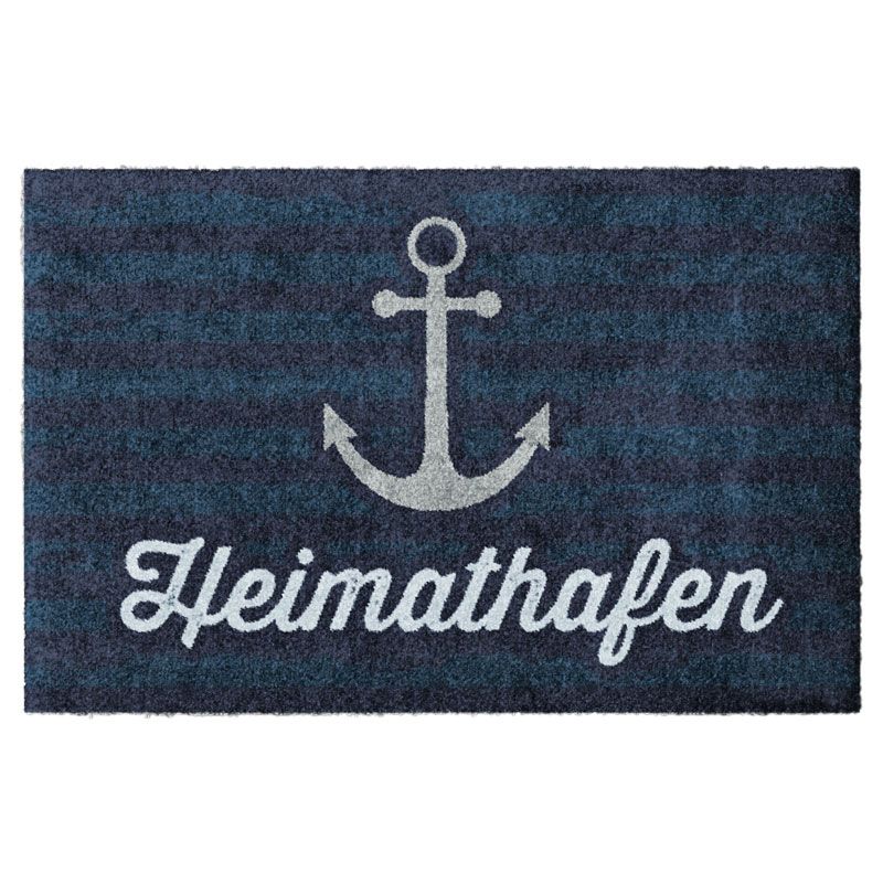 Symbolbild der Fußmatte "Heimathafen" mit maritimen blauen Streifen von Glücksmatte.com. Türmatte mit 2cm Gummirand. Umweltfreundlich in Deutschland hergestellt.