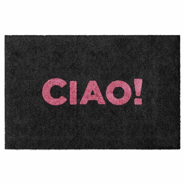 Waschbare Glücksmatte-Fußmatte mit der Begrüßung CIAO! in Coarl-Pink. Ohne Gummirand. Umweltfreundlich in Deutschland hergestellt.