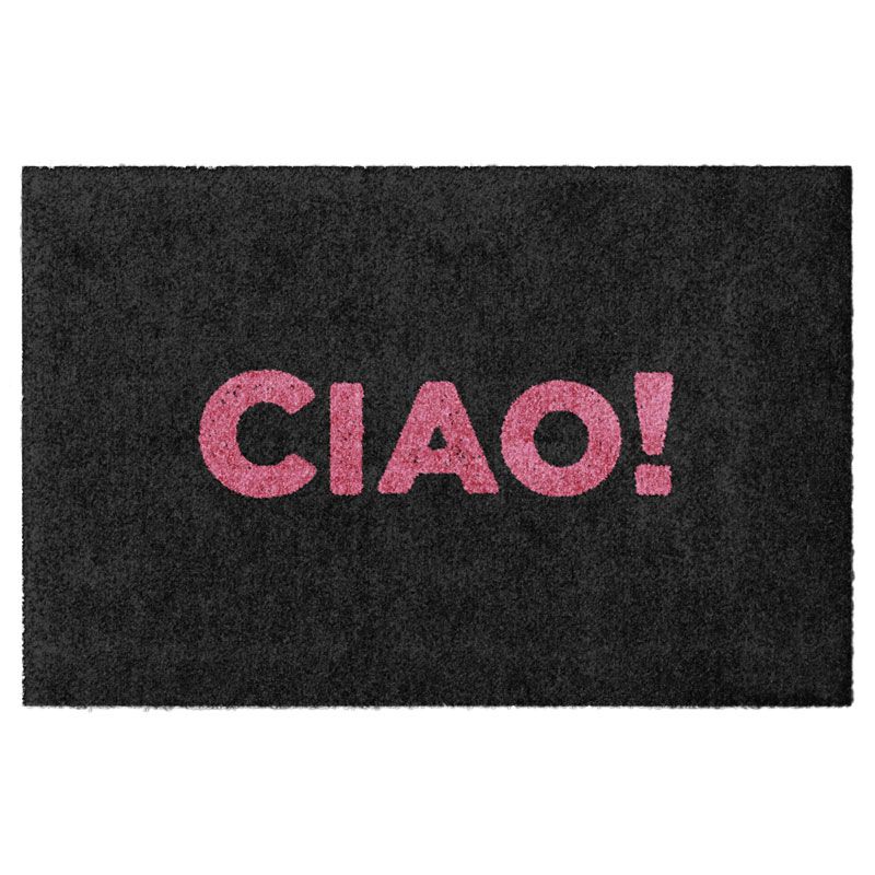 Waschbare Glücksmatte-Fußmatte mit der Begrüßung CIAO! in Coarl-Pink. Ohne Gummirand. Umweltfreundlich in Deutschland hergestellt.
