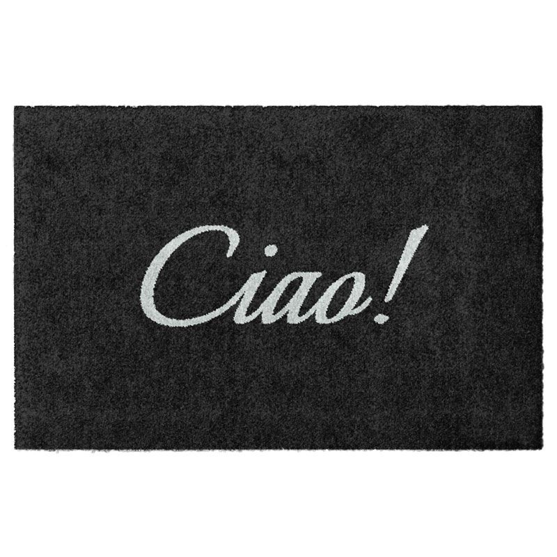 Waschbare Glücksmatte-Fußmatte mit der italienischen Begrüßung Ciao! in Hellgrau auf Anthrazit. Ohne Gummirand. Umweltfreundlich in Deutschland hergestellt.