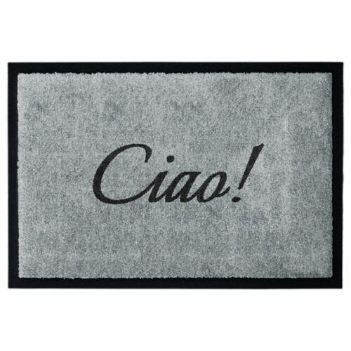 Waschbare Glücksmatte-Fußmatte mit der italienischen Begrüßung Ciao! in Schwarz auf Hellgrau. Mit 2cm Gummirand. Umweltfreundlich in Deutschland hergestellt.