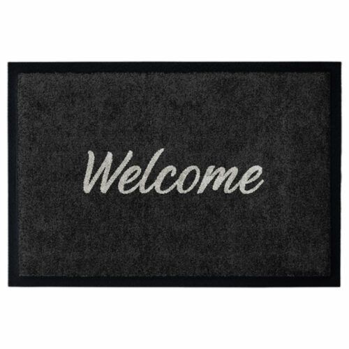 Schwarze Fußmatte mit Aufdruck Welcome in hellgrauer Schrift