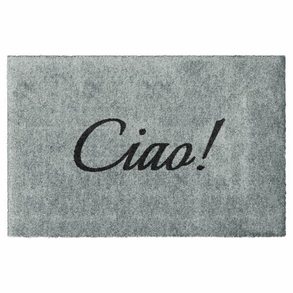 Waschbare Glücksmatte-Fußmatte mit der italienischen Begrüßung Ciao! in Schwarz auf Hellgrau. Mit Ohne Gummirand. Umweltfreundlich in Deutschland hergestellt.