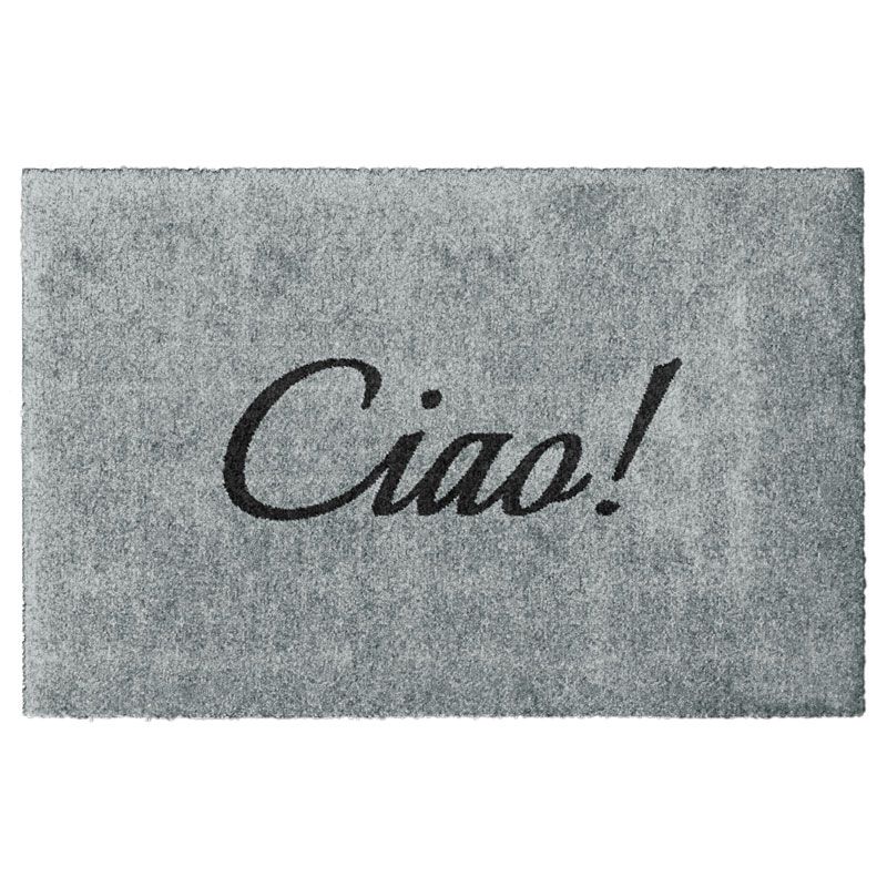 Waschbare Glücksmatte-Fußmatte mit der italienischen Begrüßung Ciao! in Schwarz auf Hellgrau. Mit Ohne Gummirand. Umweltfreundlich in Deutschland hergestellt.