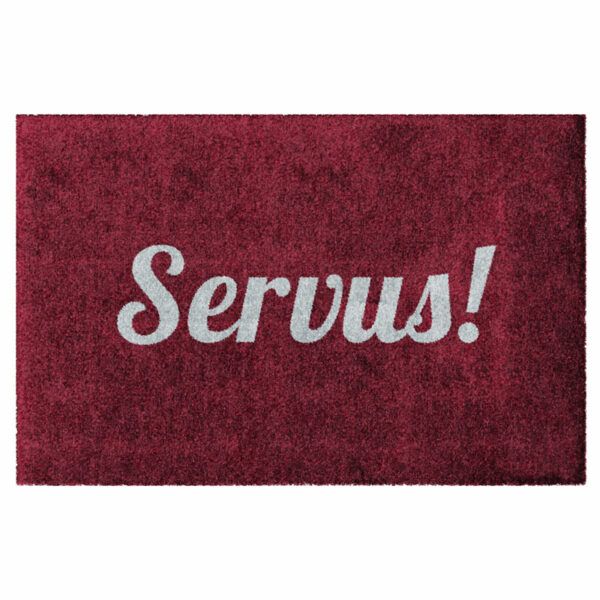 Waschbare Fußmatte von Glücksmatte.com mit der bayrischen Begrüßung Servus! Ohne Rand. Umweltfreundlich in Deutschland hergestellt.