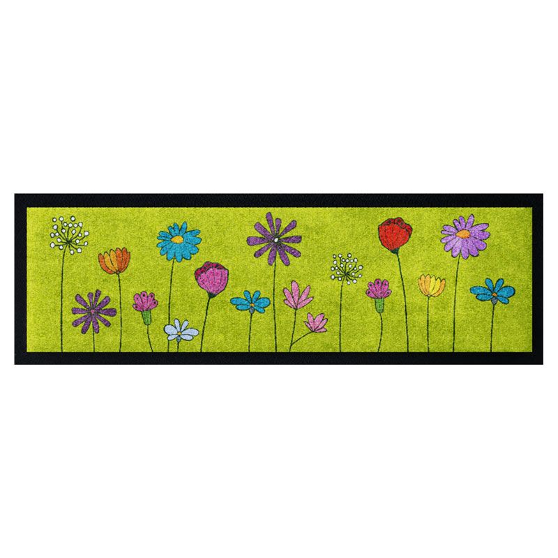 Produktbild einer waschbaren Stufenmatte Powerflower in Hellgrün mit buntem Blumenmotiv. Mit Rand.