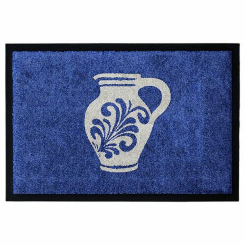 Waschbare Glücksmatte Fußmatte mit einem grauen hessischen Bembel auf blauem Hintergrund, mit 2cm Gummirand