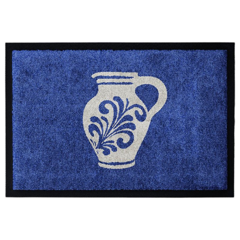 Waschbare Glücksmatte Fußmatte mit einem grauen hessischen Bembel auf blauem Hintergrund, mit 2cm Gummirand