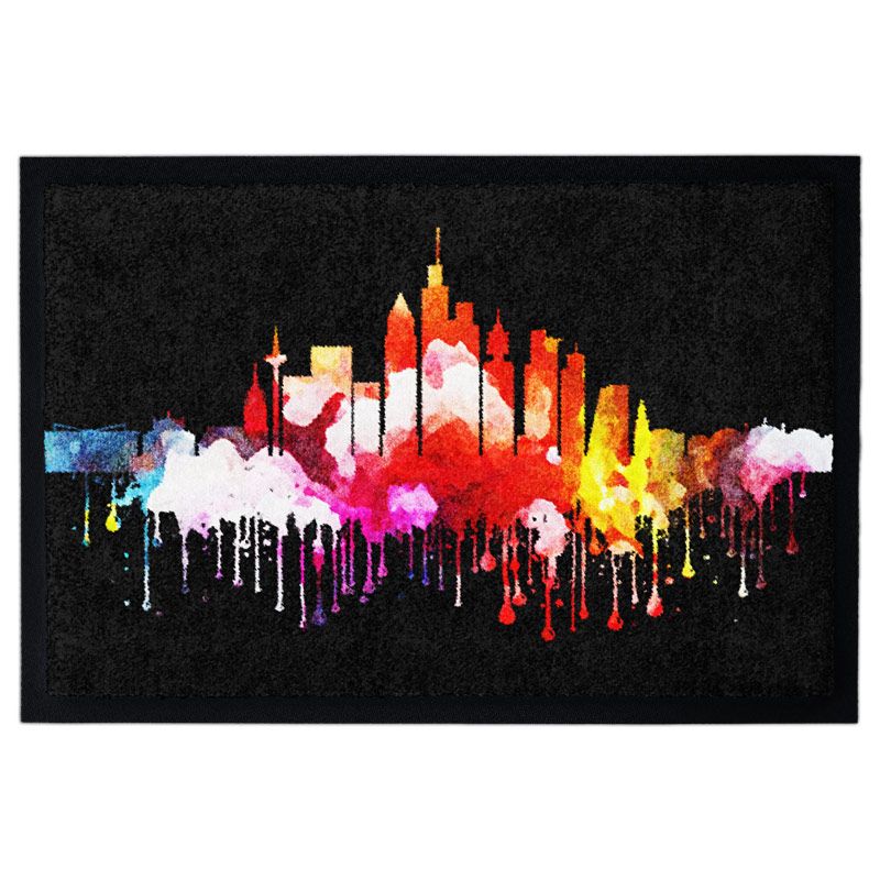 Design-Fußmatte mit der Skyline von Frankfurt in buntem Graffiti-Stil. Made in Germany. Mit Gummi-Rand.