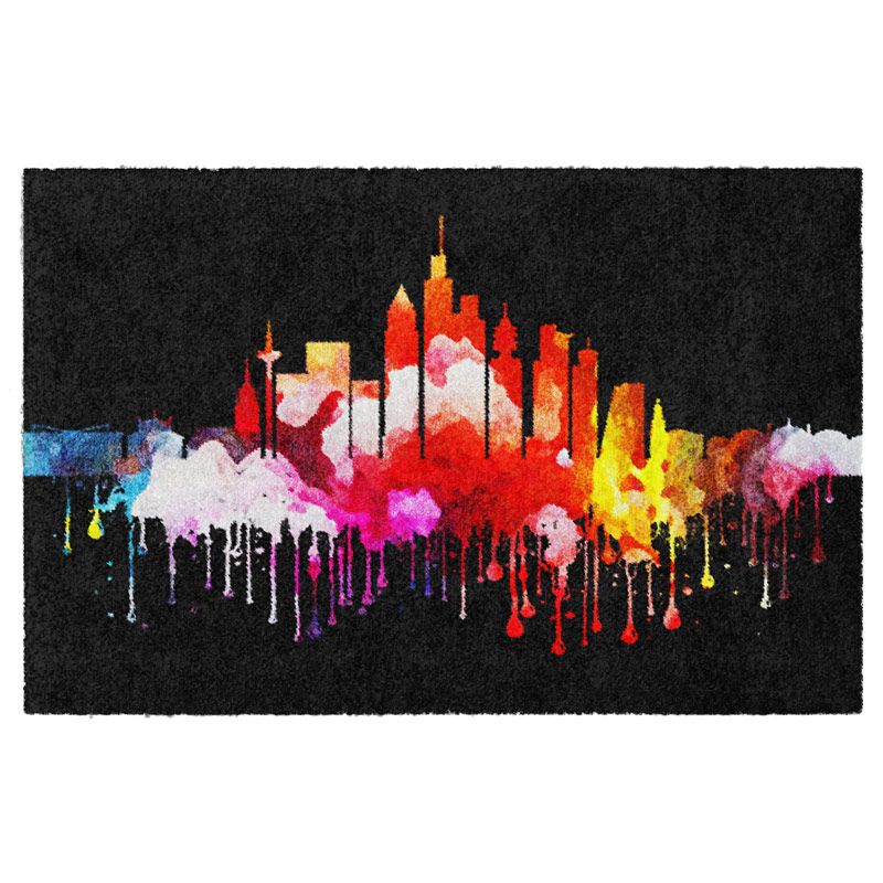 Design-Fußmatte mit der Skyline von Frankfurt in buntem Graffiti-Stil. Made in Germany. Ohne Gummi-Rand.