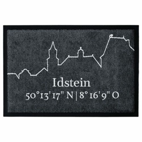 Waschbare Fußmatte mit der Skyline und Koordinaten von Idstein in Schwarz-Weiß. Matte mit Gummirand.