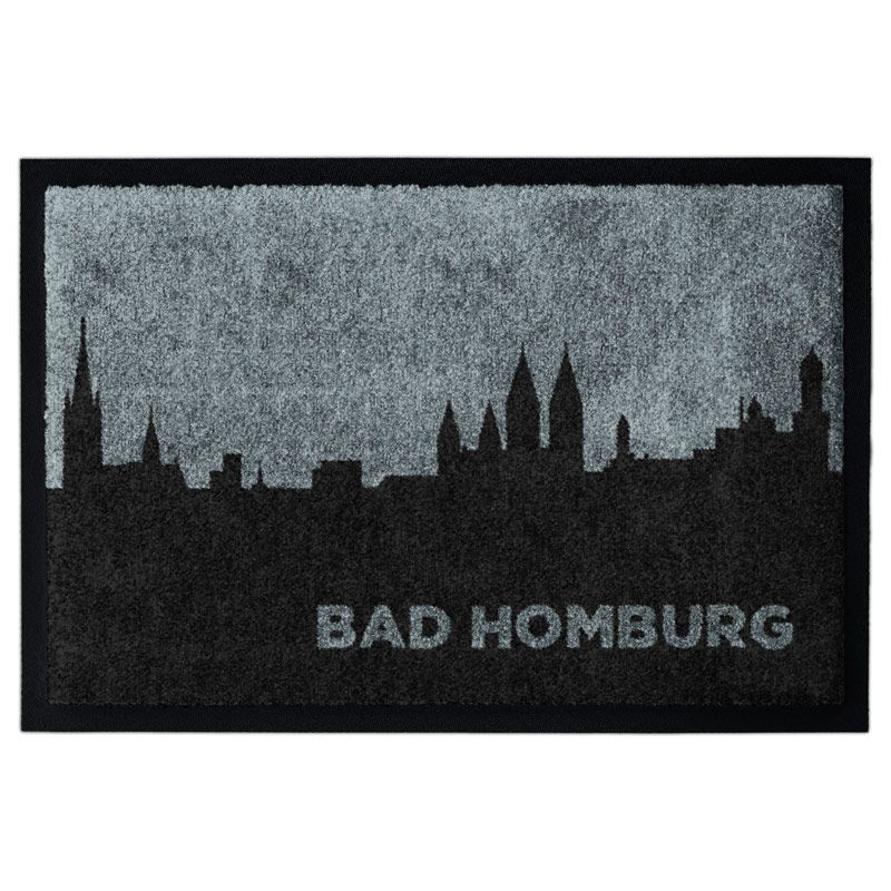 Waschbare Fußmatte mit der Skyline von Bad Homburg in Schwarz-Grau. Matte mit Gummirand.