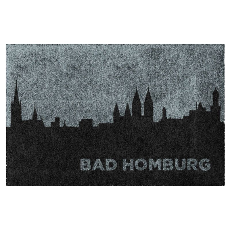 Waschbare Fußmatte mit der Skyline von Bad Homburg in Schwarz-Grau. Matte ohne Gummirand.