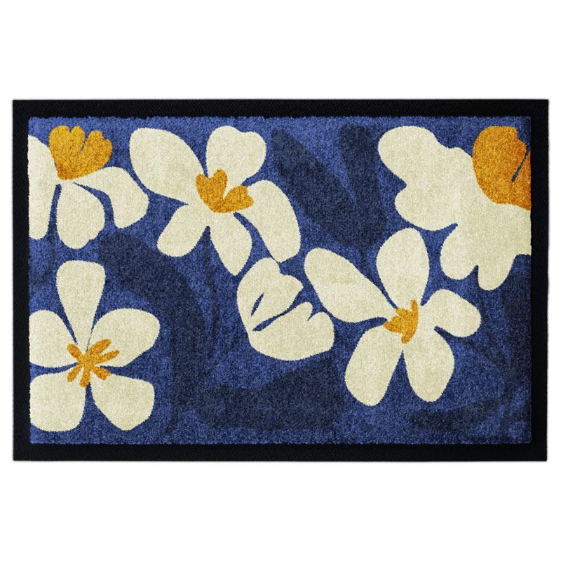 Waschbare Fußmatte mit japanischem Blumenmuster in Blau und Orange, Produktbild, mit Gummirand