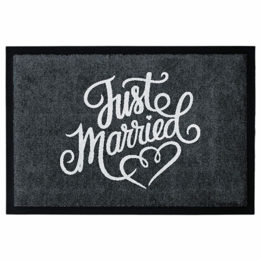 Fußmatte für Hochzeit mit Aufschrift "Just Married", weiße Schrift auf Grau, Mit Gummirand