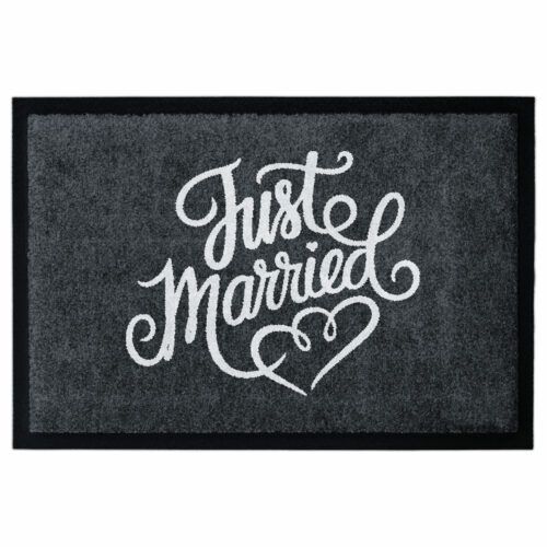 Fußmatte für Hochzeit mit Aufschrift "Just Married", weiße Schrift auf Grau, Mit Gummirand