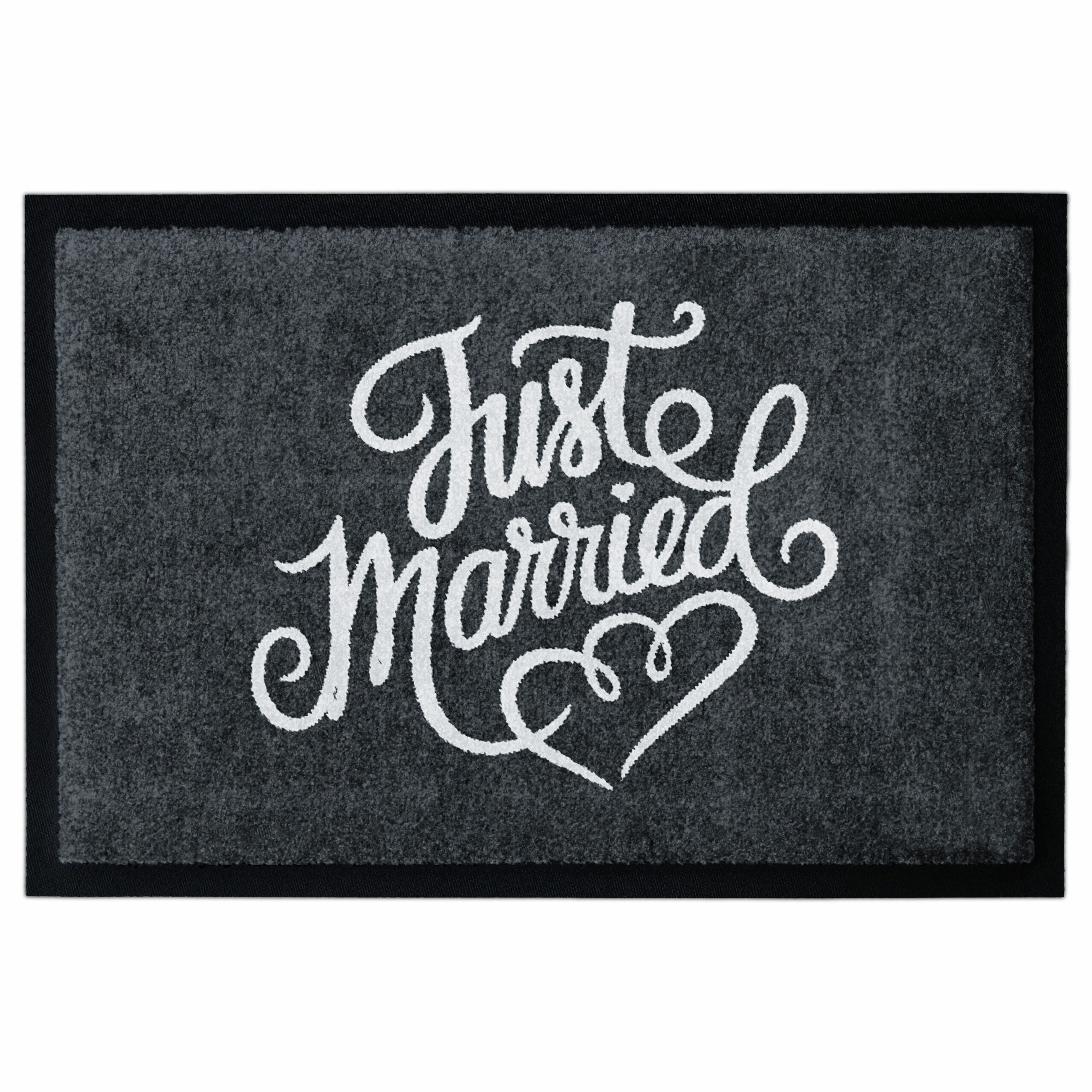 Fußmatte für Hochzeit mit Aufschrift "Just Married", weiße Schrift auf Grau, Mit Gummirand