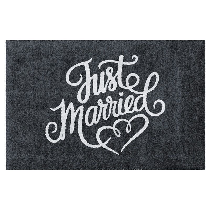 Fußmatte für Hochzeit mit Aufschrift "Just Married", weiße Schrift auf Grau, Ohne Gummirand