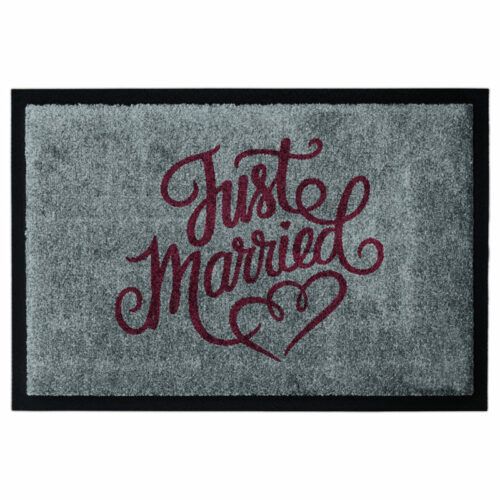 Fußmatte für Hochzeit mit Aufschrift "Just Married", rote Schrift auf Grau, mit Gummirand