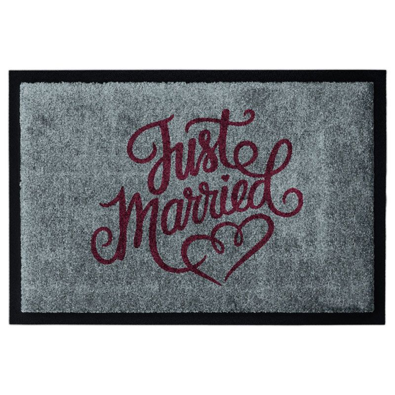 Fußmatte für Hochzeit mit Aufschrift "Just Married", rote Schrift auf Grau, mit Gummirand
