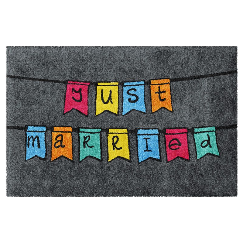 Fußmatte für Hochzeit mit Aufschrift "Just Married", bunte Wimpel auf Grau, Ohne Gummirand