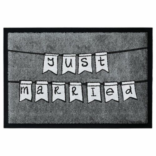 Fußmatte für Hochzeit mit Aufschrift "Just Married", weiße Wimpel auf Grau, mit Gummirand