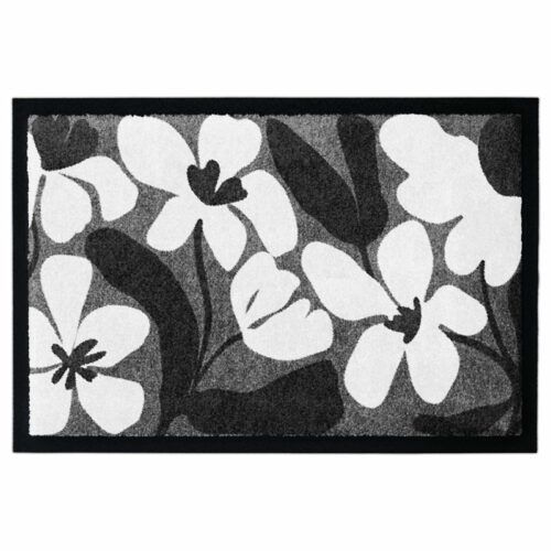 Waschbare Fußmatte mit japanischem Blumenmuster in Schwarz-Weiß, Produktbild, mit Gummirand