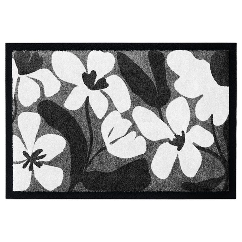 Waschbare Fußmatte mit japanischem Blumenmuster in Schwarz-Weiß, Produktbild, mit Gummirand