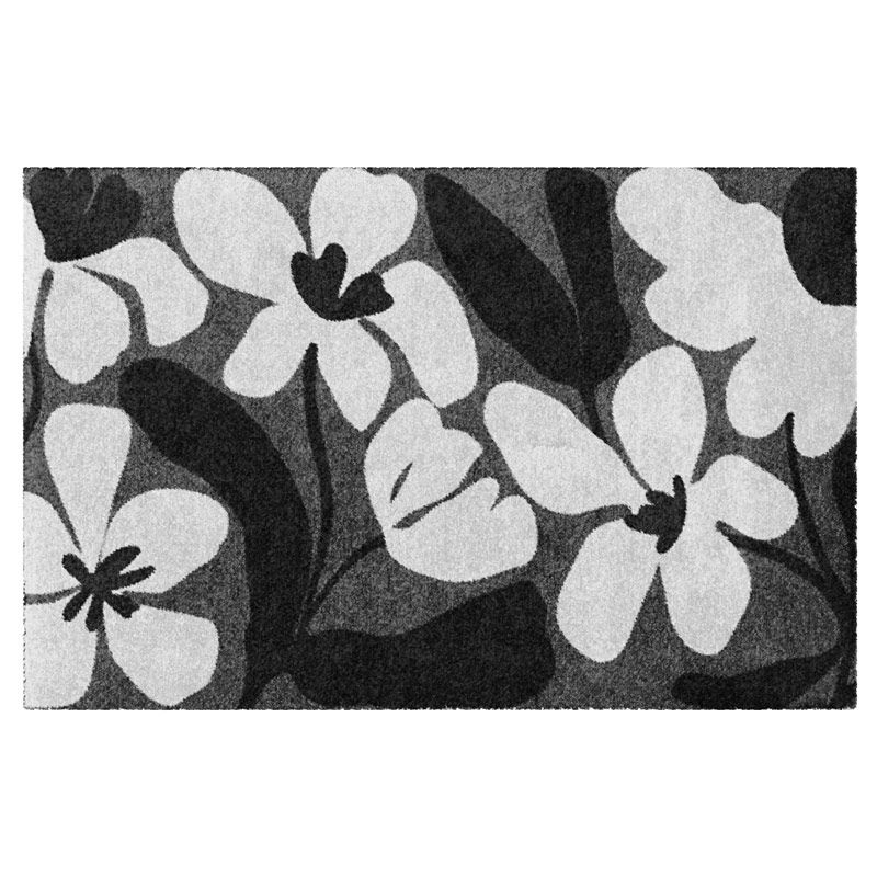 Waschbare Fußmatte mit japanischem Blumenmuster in Schwarz-Weiß, Produktbild, ohne Gummirand