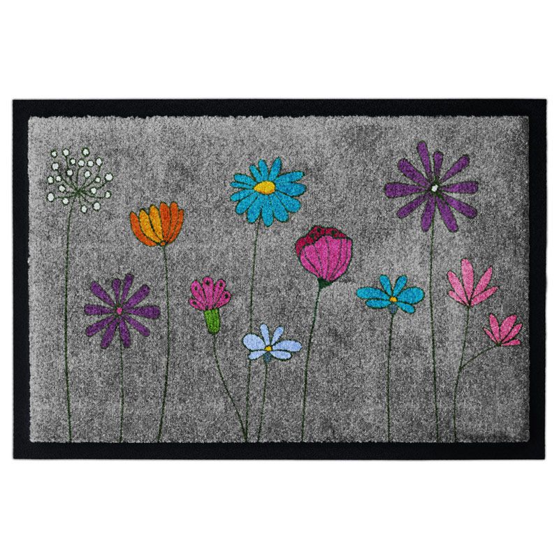 Produktbild einer waschbaren Fußmatte Powerflower in Grau mit buntem Blumenmotiv. Mit Rand.