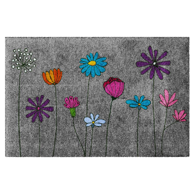 Produktbild einer waschbaren Fußmatte Powerflower in Hellgrün mit buntem Blumenmotiv ohne Rand