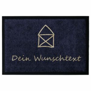 Personalisierte Fußmatte „Kleines Haus“ in Blau mit Hausmotiv und Beschriftung "Wunschtext"