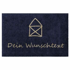 Personalisierte Fußmatte „Kleines Haus“ in Blau mit Hausmotiv ohne Gummirand und Beschriftung "Wunschtext".