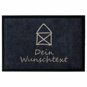 Personalisierte Fußmatte „Kleines Haus“ in Blau mit Hausmotiv ohne Gummirand und Beschriftung "Wunschtext".