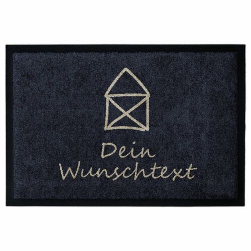 Personalisierte Fußmatte „Kleines Haus“ in Blau mit Hausmotiv ohne Gummirand und Beschriftung "Wunschtext".