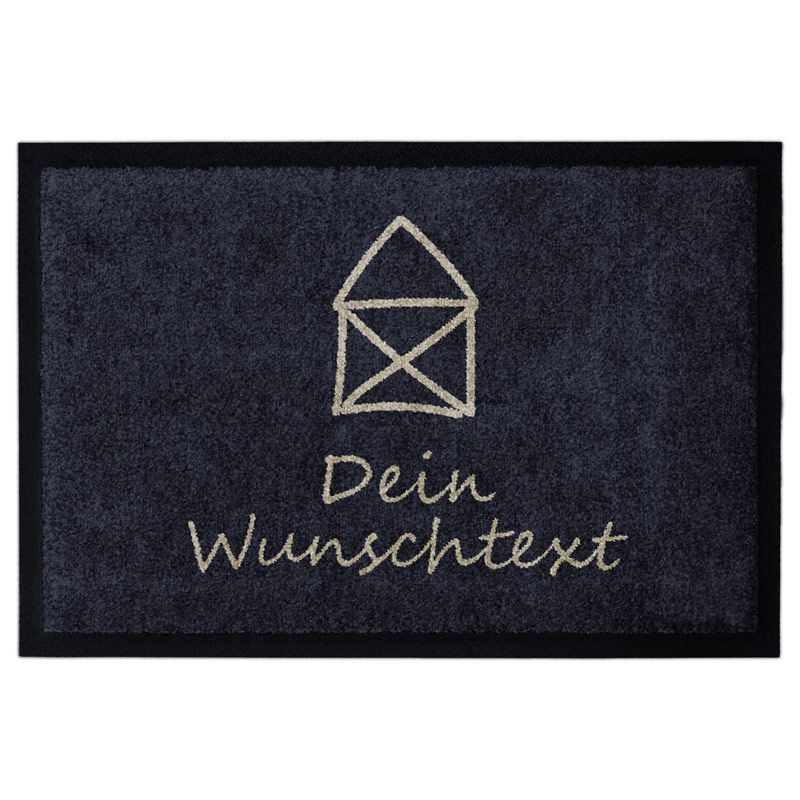 Personalisierte Fußmatte „Kleines Haus“ in Blau mit Hausmotiv ohne Gummirand und Beschriftung "Wunschtext".