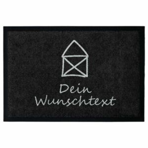 Personalisierte Fußmatte „Kleines Haus“ in Schwarz mit Hausmotiv und Beschriftung "Dein Wunschtext".