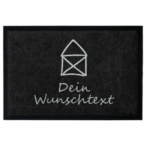 Personalisierte Fußmatte „Kleines Haus“ in Schwarz mit Hausmotiv und Beschriftung "Dein Wunschtext".