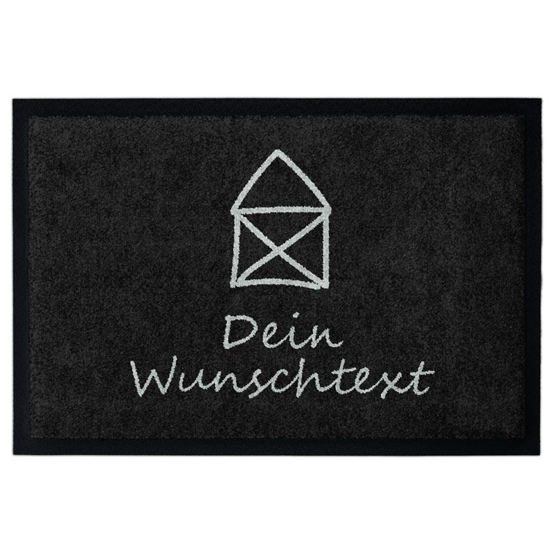 Personalisierte Fußmatte „Kleines Haus“ in Schwarz mit Hausmotiv und Beschriftung "Dein Wunschtext".