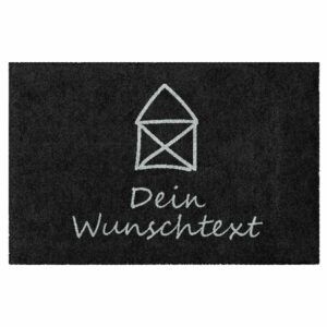 Personalisierte Fußmatte „Kleines Haus“ in Schwarz mit Hausmotiv und Beschriftung "Dein Wunschtext".
