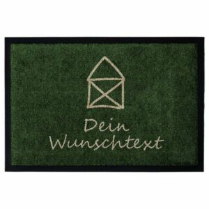 Personalisierte Fußmatte „Kleines Haus“ in Grün mit Hausmotiv und Beschriftung "Dein Wunschtext".